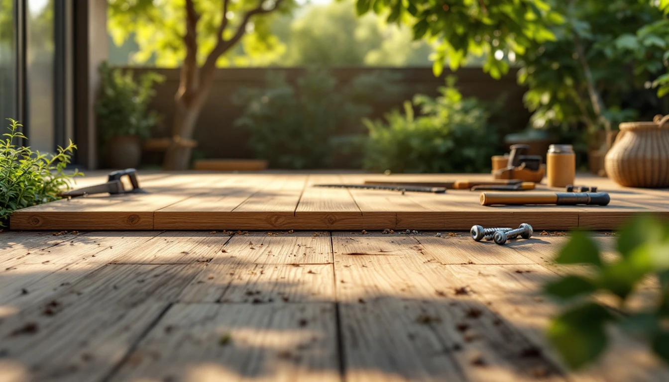 Une terrasse bois en kit en train d'être montée