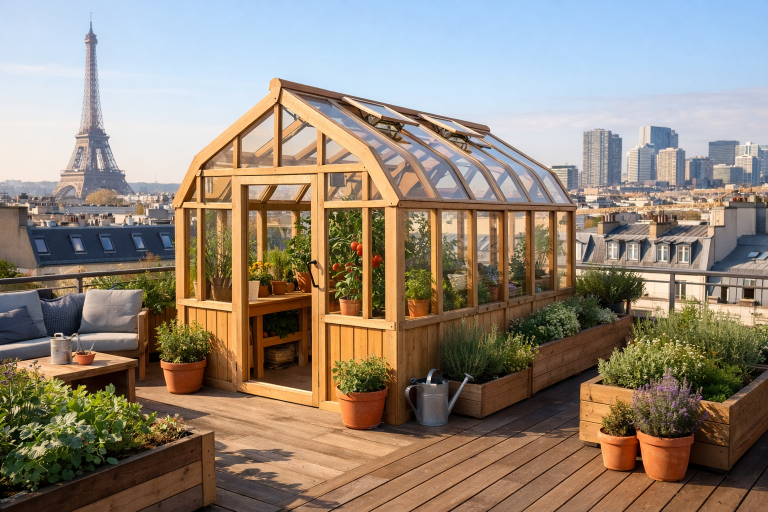 Serre en bois installée sur un toit-terrasse en milieu urbain avec jardinage et plantations
