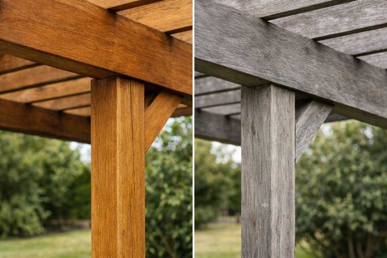 Pergola en bois grisonnant malgré traitement protecteur appliqué