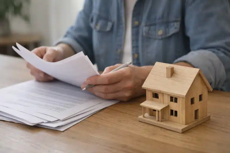 Mains tenant des documents près d'une maquette de maison