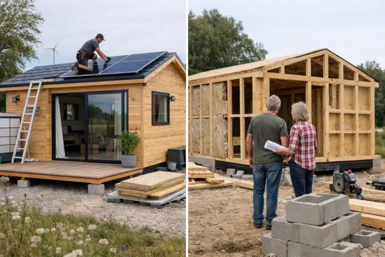 Maison en bois : toit solaire et charpente en construction