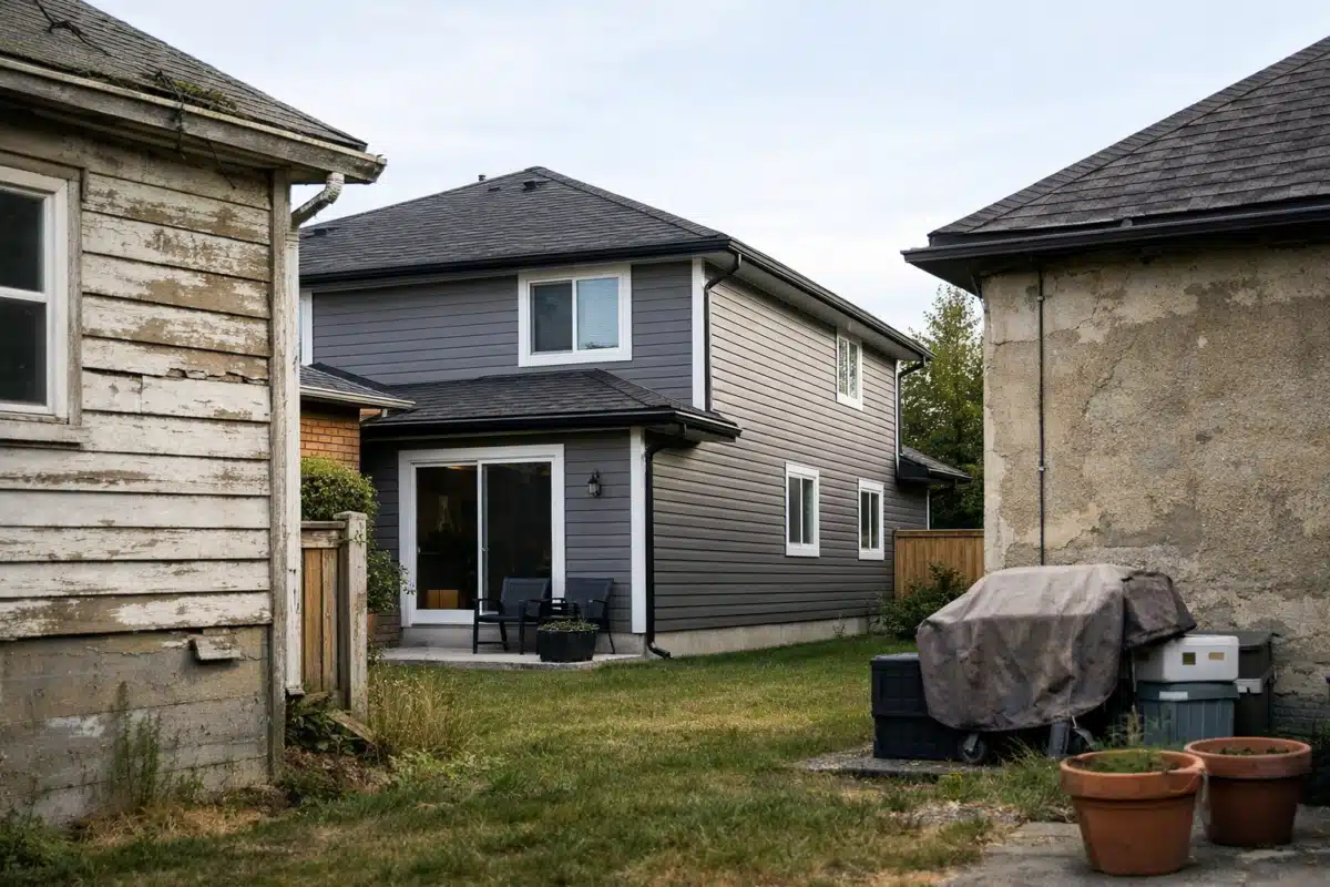 Maison grise à deux étages avec patio et pelouse