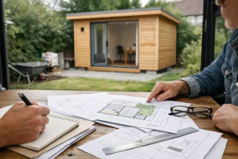 Mains sur plans devant bureau de jardin en bois