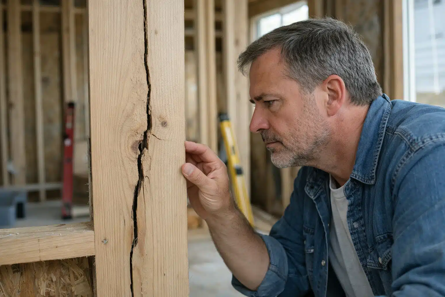 Homme examinant une fissure dans une poutre