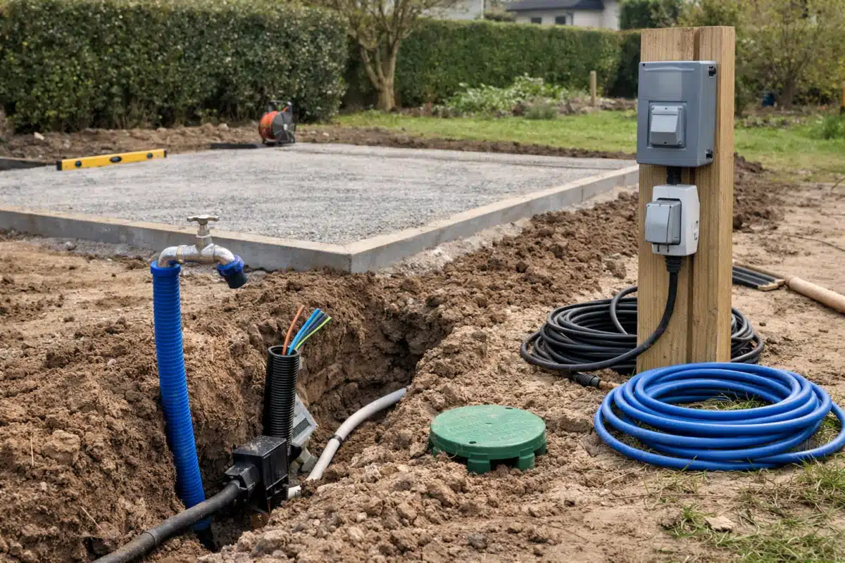 Tranchée de chantier avec canalisations et tableau électrique