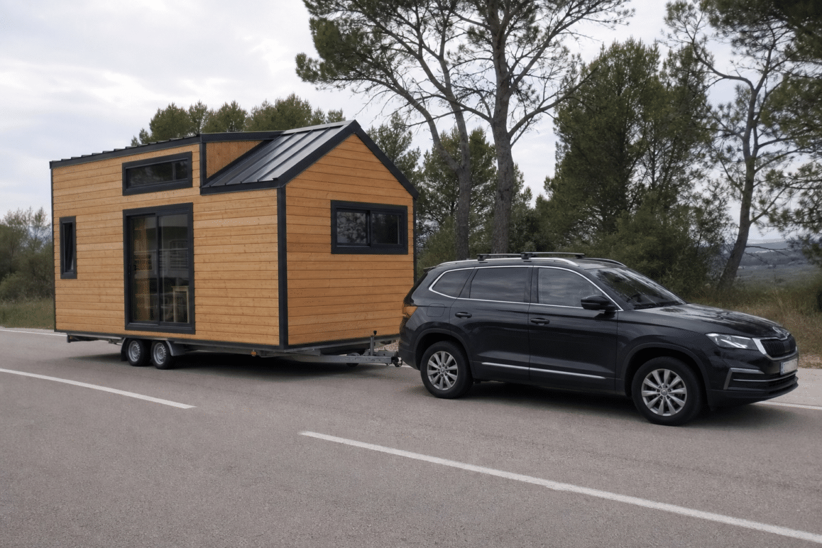 SUV noir tractant une tiny house en bardage bois