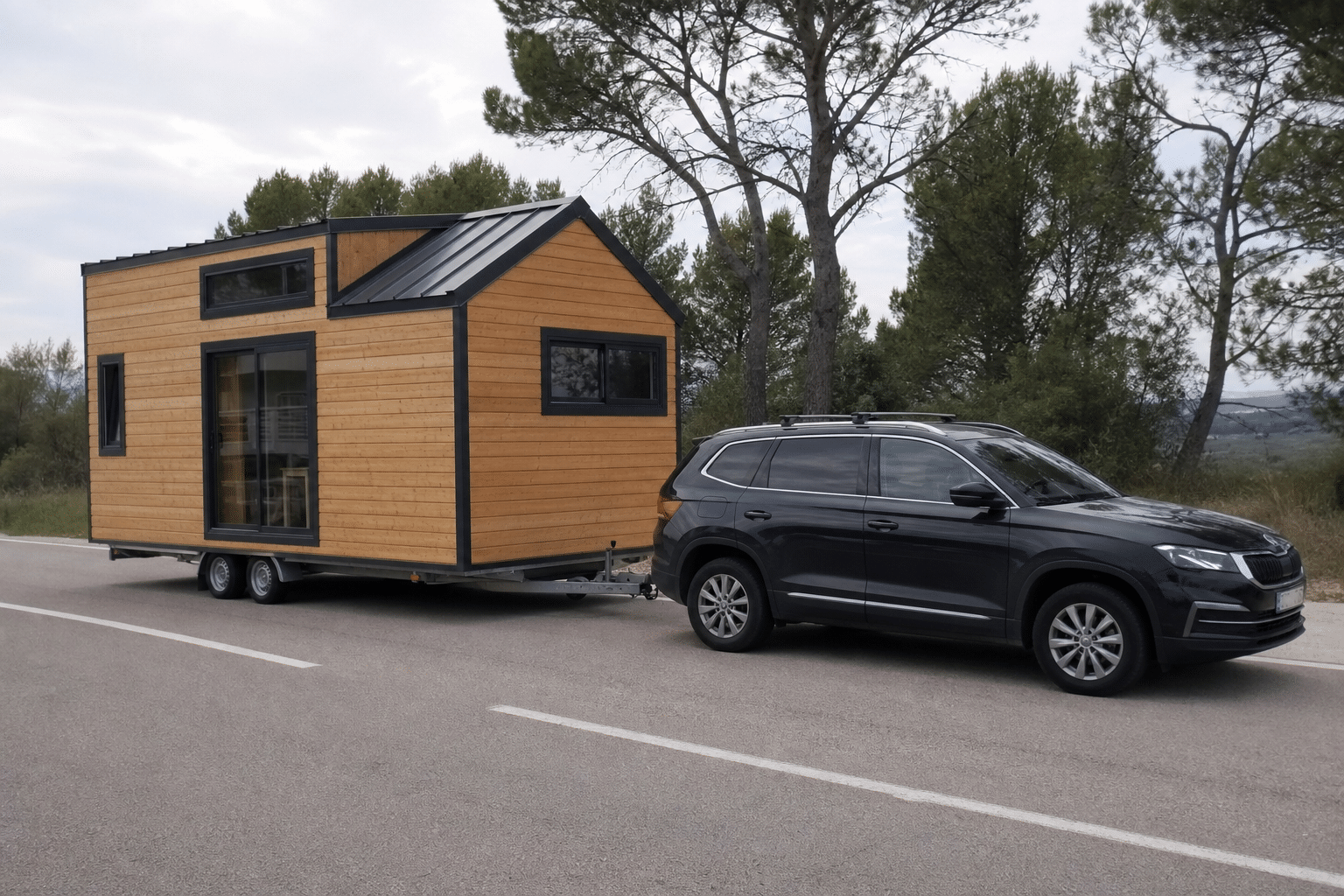 SUV noir tractant une tiny house en bardage bois