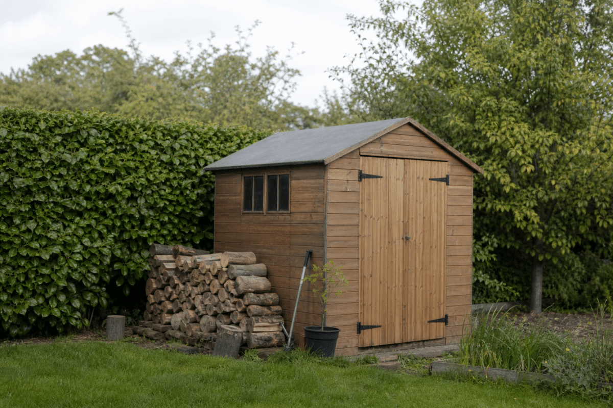 Abri de jardin en bois avec bûches empilées