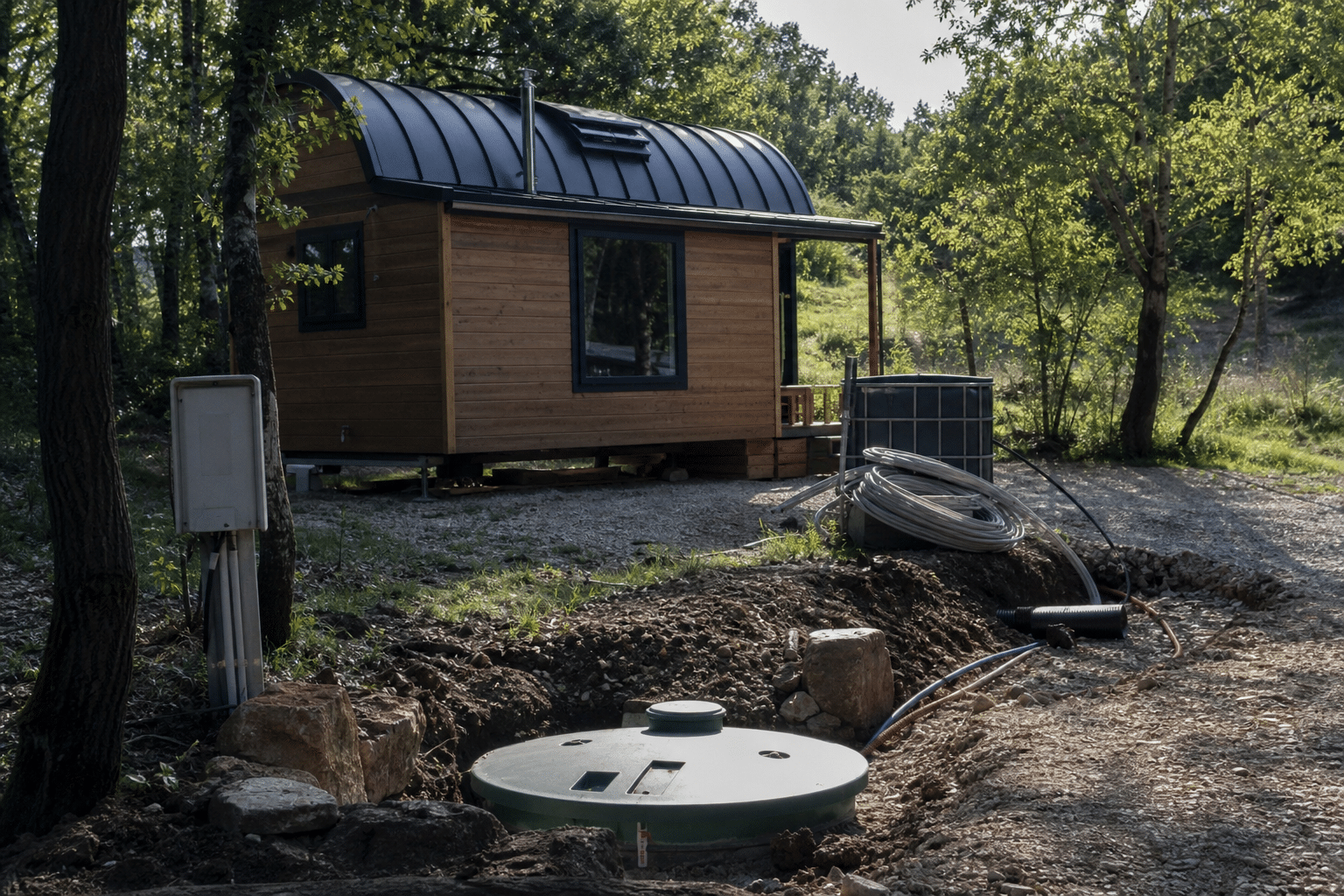 Petite maison en bois près d'une fosse septique enterrée