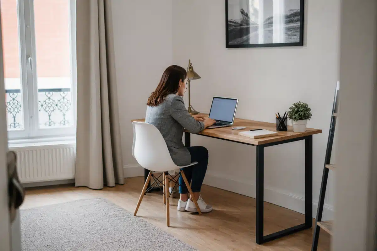 femme assise au bureau travaillant sur ordinateur portable