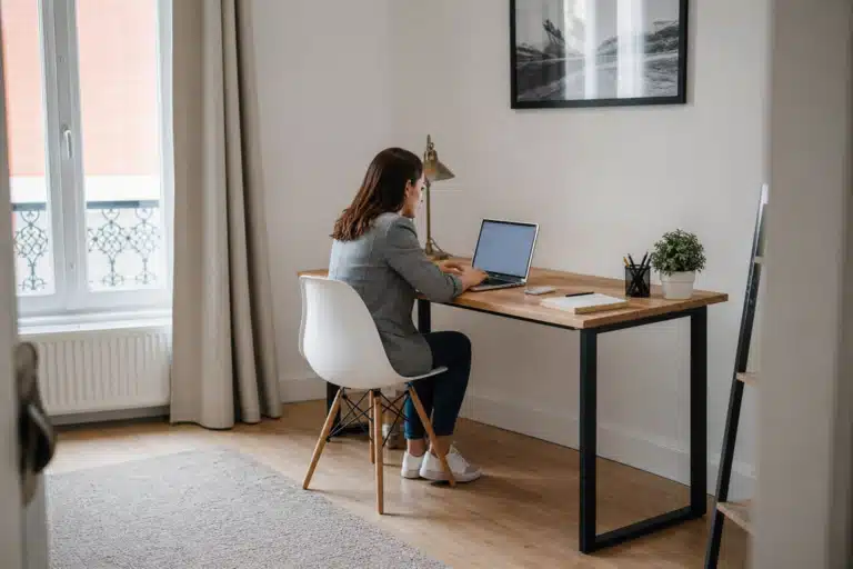 femme assise au bureau travaillant sur ordinateur portable