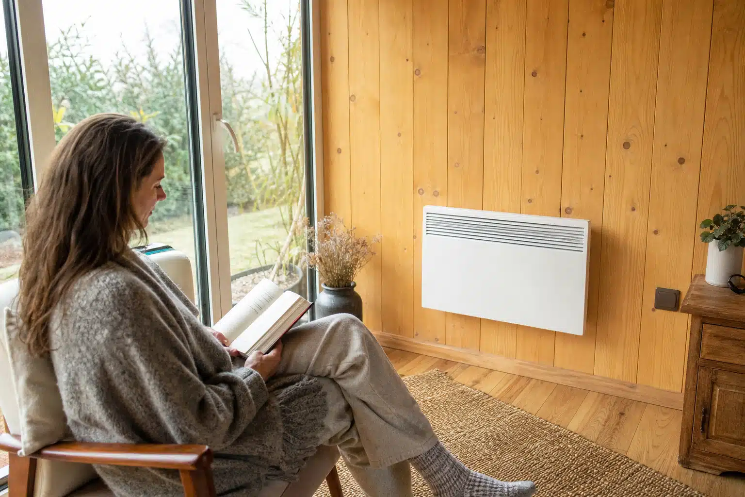 Femme lisant près d'un radiateur électrique mural